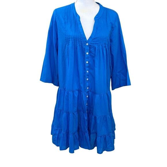 J. Crew Button Front Tiered Coverup Dress, blue, large, coastal, beach, vacation - Picture 1 of 7